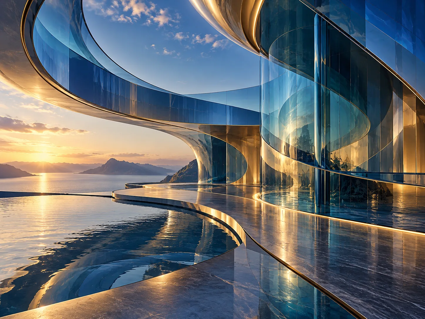 Luminous abstract glass forms in blue, teal, and gold